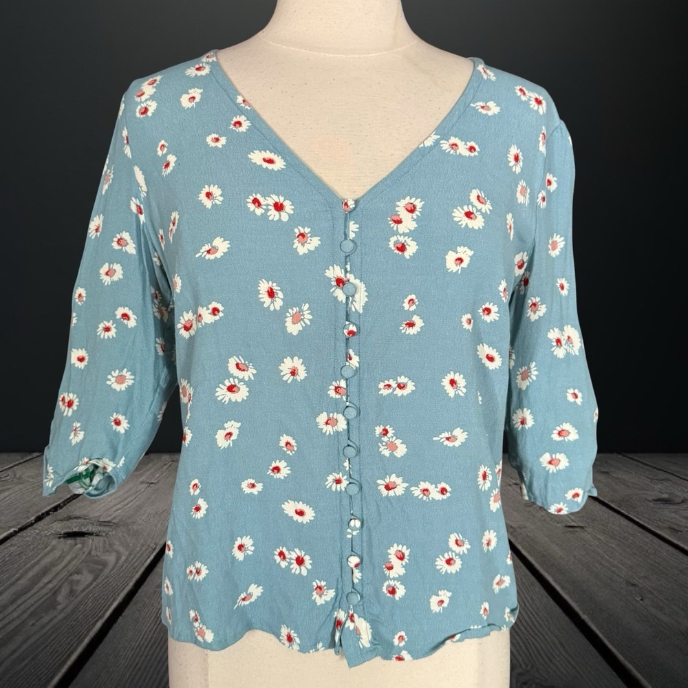 Boden Daisy Floral Blouse Sz 10 Elbow Length Sleeve Light Blue Button up Coastal